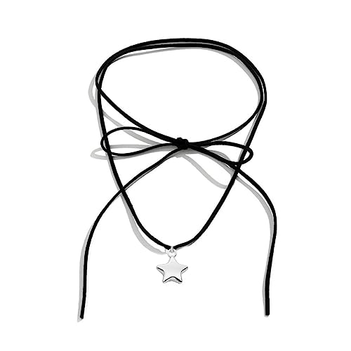 ZYKEJJDDAK Schwarzes Seil, fünfzackiger Stern-Anhänger, Choker-Halskette für Damen, elegantes Gewebe, geknotete Schleife, verstellbare Kette von ZYKEJJDDAK