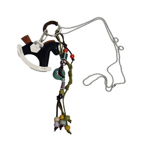 ZYKEJJDDAK Stilvoller, abnehmbarer schwarzer Pferd-Schlüsselanhänger, Halskette, Keramikperlenanhänger, Choker-/Pullover-Kette für Damen von ZYKEJJDDAK