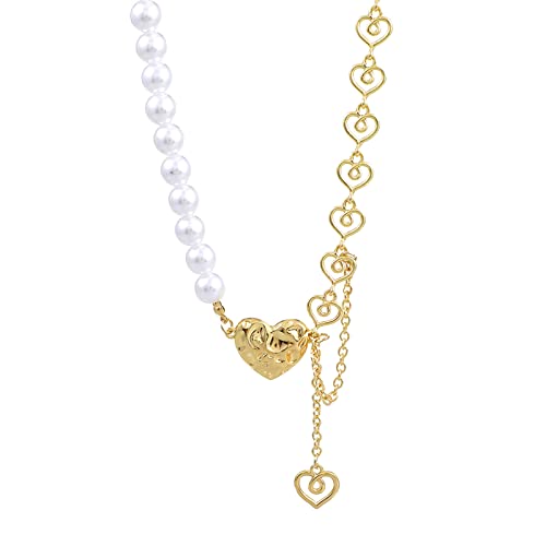 ZYKEJJDDAK Temperament Metall gespleißt Liebe Herz Anhänger Halsketten für Frauen Jahrestag Mode Vintage Perlenketten Choker, 40.56cm, Metall, Kein Edelstein von ZYKEJJDDAK