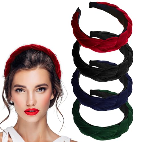ZYKORT 4 Stück Samt Haarreif Geflochten Damen, Stirnband Breit Haarband Vintage Trachten Haarreif Mode Stirnbänder für Damen Mädchen (Grün+Schwarz+Rotwein+Marineblau) von ZYKORT