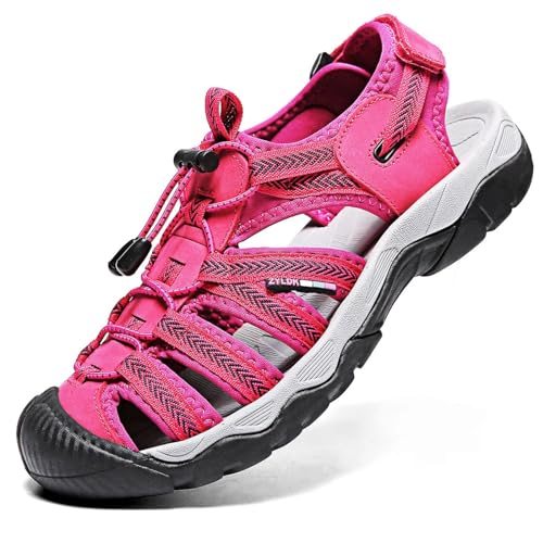 ZYLDK Damen Sandalen Leder Strand Trekkingsandalen Outdoorschuhe Sommer Freizeitschuhe Wanderschuhe Sport-Outdoor Atmungsaktive Sandale Wandersandalen Beach Trekkingschuhe rosarot 37EU von ZYLDK