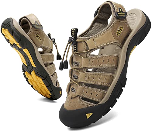 ZYLDK Herren Leder Sandalen Sport Outdoor Trekkingsandalen Atmungsaktive Leichte Wandersandalen Männer Sommer Offroadschuhe mit Klettverschluss Beach Geschlossene Sandalen,Khaki,EU46 von ZYLDK