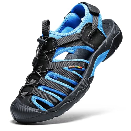 ZYLDK Herren Damen Leder Sandalen Strand Trekkingsandalen Outdoorsandalen Sommer Wandersandale Männer Atmungsaktive geschlossene Sandale Größe 38-46 Blau 47 EU von ZYLDK