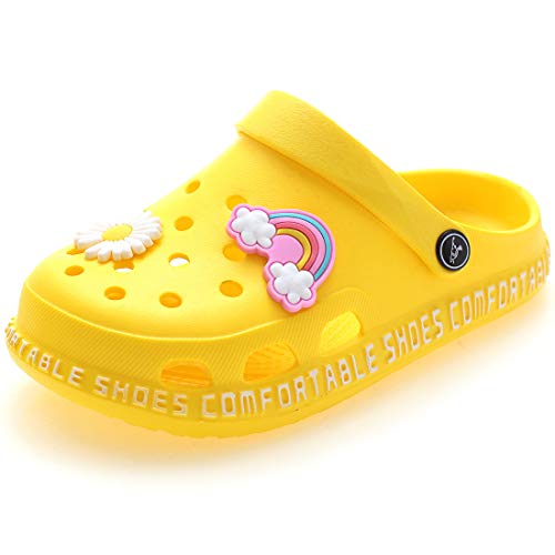 Kinder Clogs Pantoletten Unisex Hausschuhe Gartenschuhe Mädchen Jungen Strand Sandalen Slip On Outdoor Flach Badeschuhe Gummi Gartenclogs Sommer,gelb,Gr.30 von ZYLDK