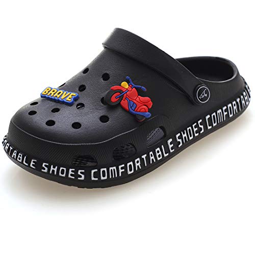 Kinder Clogs Pantoletten Unisex Hausschuhe Gartenschuhe Mädchen Jungen Strand Sandalen Slip On Outdoor Flach Badeschuhe Gummi Gartenclogs Sommer,schwarz,Gr.25 von ZYLDK