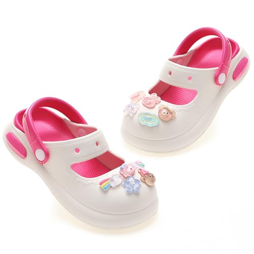 Kinder Clogs Unisex Gartenschuhe Mädchen Jungen Strand Hausschuhe Leichte Outdoor Flach Sandalen Badeschuhe Gartenclogs Sommer,Weiß&Rosa von ZYLDK