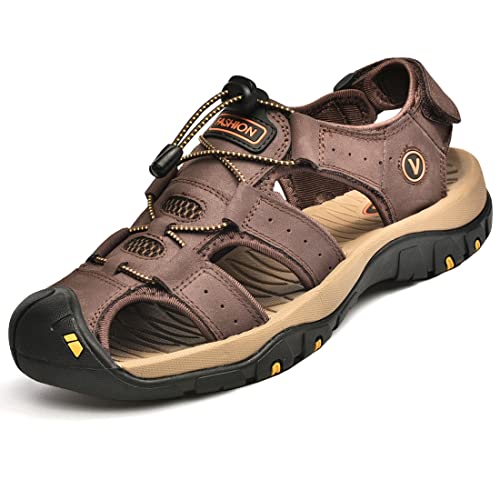 ZYLDK Sandalen Herren Leder Strand Wandersandale Trekkingsandalen Outdoorschuhe Sommer Freizeitschuhe Wanderschuhe Männer Sport-Outdoor Wasser Fischer Atmungsaktive Sandale Braun Rot Größe 40 von ZYLDK