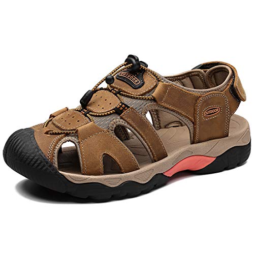 Sandalen Herren Leder Strand Wandersandale Trekkingsandalen Outdoorschuhe Sommer Freizeitschuhe Wanderschuhe Männer Sport-Outdoor Wasser Fischer Atmungsaktive Sandale Größe 46 Braun von ZYLDK