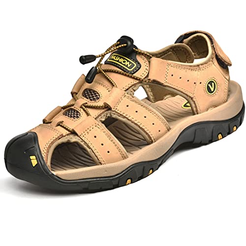 ZYLDK Sandalen Herren Leder Strand Wandersandale Trekkingsandalen Outdoorschuhe Sommer Freizeitschuhe Wanderschuhe Männer Sport-Outdoor Wasser Fischer Atmungsaktive Sandale Khaki Größe 39 von ZYLDK