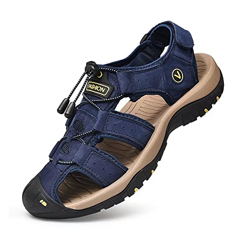 Sandalen Herren Leder Trekkingsandalen Outdoorschuhe Sommer Sport Freizeitschuhe Wanderschuhe Männer Sport-Outdoor Wasser Fischer Atmungsaktive Sandale Größe 38-48, Blau, 41 EU von ZYLDK