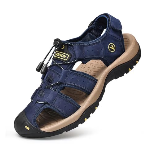 Sandalen Herren Leder Trekkingsandalen Outdoorschuhe Sommer Sport Freizeitschuhe Wanderschuhe Männer Sport-Outdoor Wasser Fischer Atmungsaktive Sandale Größe 38-48, Blau, 41 EU von ZYLDK