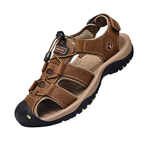 Sandalen Herren Leder Trekkingsandalen Outdoorschuhe Sommer Sport Freizeitschuhe Wanderschuhe Männer Sport-Outdoor Wasser Fischer Atmungsaktive Sandale Größe 38-48, Braun, 45 EU von ZYLDK