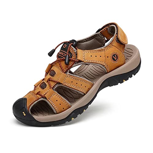 Sandalen Herren Leder Trekkingsandalen Outdoorschuhe Sommer Sport Freizeitschuhe Wanderschuhe Männer Sport-Outdoor Wasser Fischer Atmungsaktive Sandale Größe 38-48, Gelb, 39 EU von ZYLDK