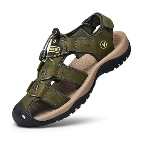 Sandalen Herren Leder Trekkingsandalen Outdoorschuhe Sommer Sport Freizeitschuhe Wanderschuhe Männer Sport-Outdoor Wasser Fischer Atmungsaktive Sandale Größe 38-48, Grün, 46 EU von ZYLDK