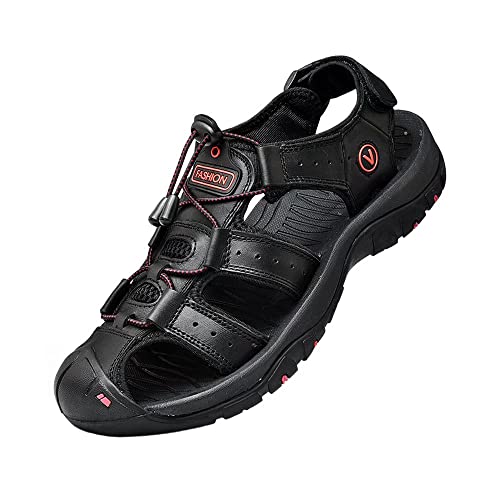 Sandalen Herren Leder Trekkingsandalen Outdoorschuhe Sommer Sport Freizeitschuhe Wanderschuhe Männer Sport-Outdoor Wasser Fischer Atmungsaktive Sandale Größe 38-48, Schwarz, 38 EU von ZYLDK