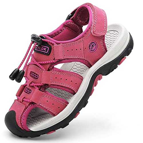 ZYLDK Unisex-Kinder Sandalen Leder für Jungen Mädchen Strand Geschlossene Wandersandale Trekkingsandalen Sport- Outdoor Sommer Atmungsaktive Freizeitschuhe Wanderschuhe,Rosa1,37 von ZYLDK