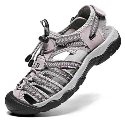ZYLDK Damen Sandalen Leder Strand Trekkingsandalen Outdoorschuhe Sommer Freizeitschuhe Wanderschuhe Sport-Outdoor Atmungsaktive Sandale Wandersandalen Beach Trekkingschuhe Grau 38EU von ZYLDK
