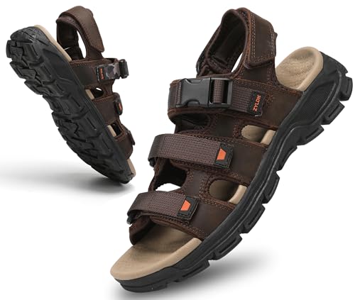 ZYLDK Sommersandalen Herren Leder Strand Wandersandale Trekkingsandalen Sport Outdoor mit Klettverschluss Pool Wasser Atmungsaktive Sandale,Braun,EU 41 von ZYLDK