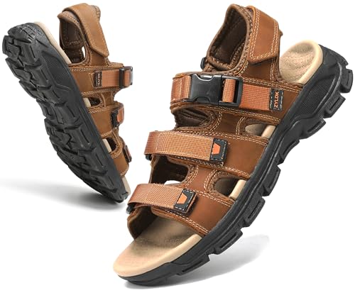 ZYLDK Sommersandalen Herren Leder Strand Wandersandale Trekkingsandalen Sport Outdoor mit Klettverschluss Pool Wasser Atmungsaktive Sandale,Gelb,EU 40 von ZYLDK