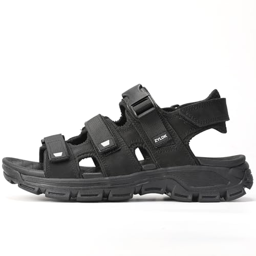 ZYLDK Sommersandalen Herren Leder Strand Wandersandale Trekkingsandalen Sport Outdoor mit Klettverschluss Pool Wasser Atmungsaktive Sandale,Schwarz,EU 40 von ZYLDK