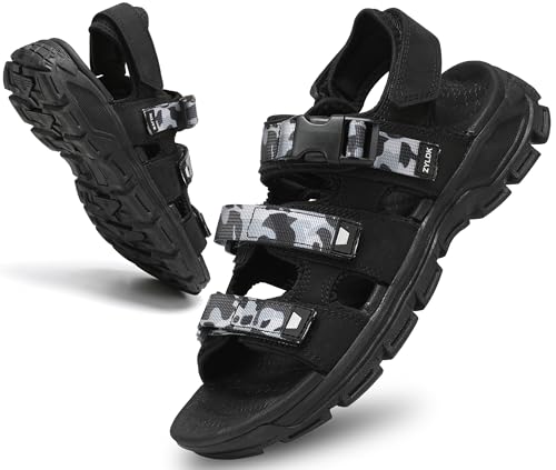 ZYLDK Sommersandalen Herren Leder Strand Wandersandale Trekkingsandalen Sport Outdoor mit Klettverschluss Pool Wasser Atmungsaktive Sandale,Schwarz1,EU 43 von ZYLDK