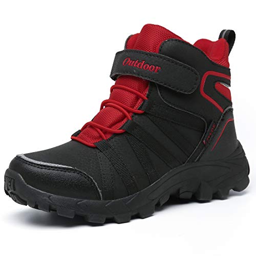 ZYLDK Winterstiefel Kinder Winterschuhe Wanderschuhe Schneestiefel Jungen Warmfutter Wasserdicht Baumwollschuhe Mädchen Trekking Snowboots Mit Klettverschluss,Schwarz-Rot,38 EU von ZYLDK