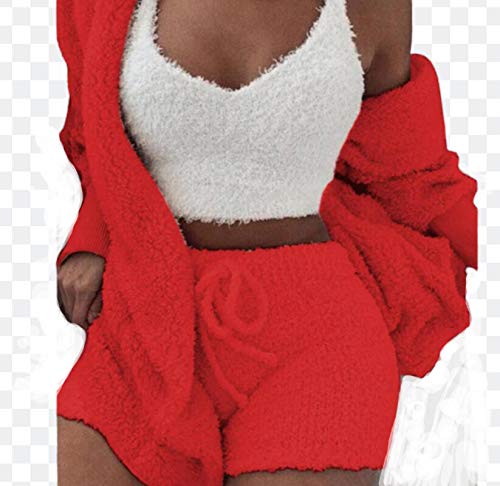 ZYLL DREI stück sexy Flauschige Sets Samt Plüsch mit Kapuze Cardigan Mantel + Shorts + Crop Top Frauen Trainingsanzug Casual Sports Overalls Sweatshirt,A,XL von ZYLL