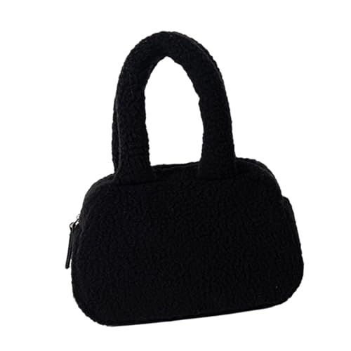 Damen-Handtasche aus Fleece, lässige Tasche mit Tragegriff oben mit geräumigem Innenraum und einfarbigem Reißverschluss für Komfort und Stil, Tasche mit Tragegriff oben, Schwarz , One Size von ZYMIADOU