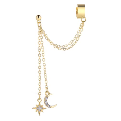 Elegante Doppel-Clip-Ohrringe aus Gold-Silber-Legierung mit Mond-Stern-Designs für Mädchen und Frauen, handgefertigtes Ohr-Accessoire, modische Stern-Mond-Ohrringe, Einheitsgröße, Wie beschrieben, Wie von ZYMIADOU