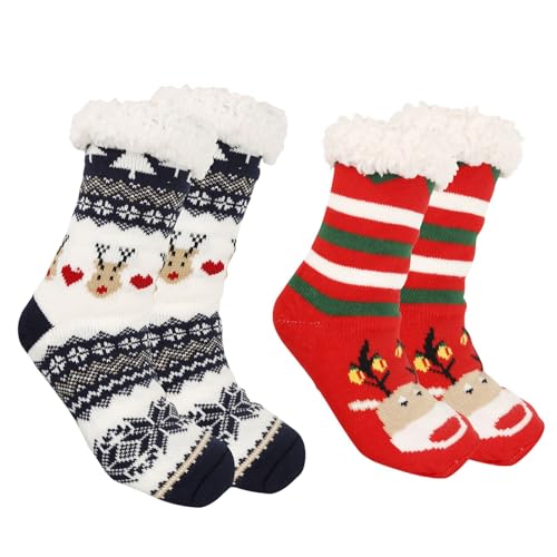 ZYMIADOU 2 Paar Damen Grippers Hausschuhsocken Fuzzy Winter Weich Thermo Warm Fleece Gefüttert Lustige Weihnachtsstrümpfe Gestrickt Home, Gestreifter Elch, blauer Elch, Einheitsgröße von ZYMIADOU