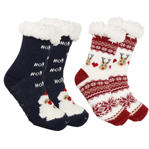ZYMIADOU 2 Paar Damen Grippers Hausschuhsocken Fuzzy Winter Weich Thermo Warm Fleece Gefüttert Lustige Weihnachtsstrümpfe Gestrickt Home, Marineblauer Weihnachtsmann, Einheitsgröße von ZYMIADOU