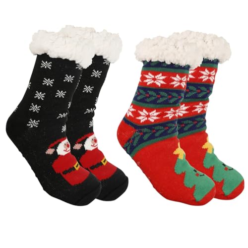 ZYMIADOU 2 Paar Damen Grippers Hausschuhsocken Fuzzy Winter Weich Thermo Warm Fleece Gefüttert Lustige Weihnachtsstrümpfe Gestrickt Home, Schwarz Rot Old Man Re, Einheitsgröße von ZYMIADOU