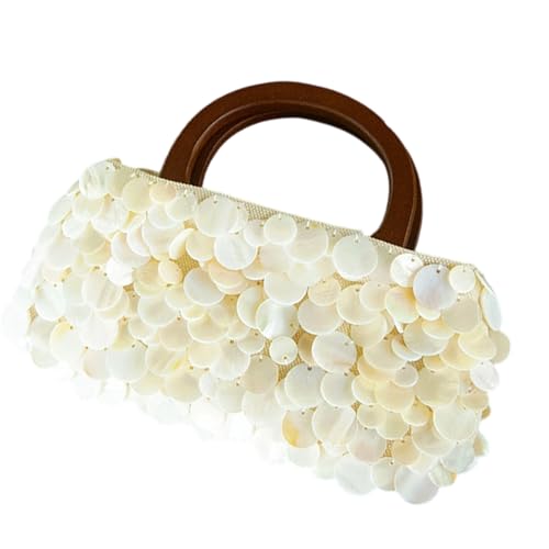 ZYMIADOU Praktische inspirierte handgefertigte Strandtasche mit Muschel-Detail, funktionale Abend-Handtasche für den täglichen Gebrauch oder besondere Anlässe, Holzgriff, Muschel-Geldbörse von ZYMIADOU