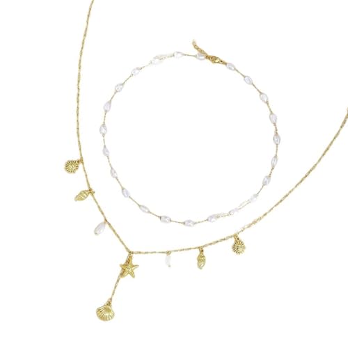 ZYMIADOU Stapelbare Seestern-Muschel-Halskette, 14 Karat vergoldet, verstellbare Kette, Schmuck, Strandliebhaber, Schicht-Muschel-Halskette, Einheitsgröße, Wie beschrieben, Wie beschrieben von ZYMIADOU