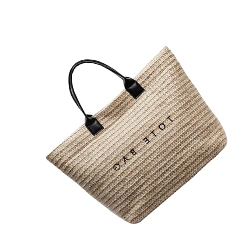ZYMIADOU Strandtasche für Damen, Strohgriff, große Kapazität, Pendeln, Urlaub, Briefdruck, Handtasche für Reisen, Damen, Tragegriff oben, Stroh, Pendeln, trendiger Strand, Briefdruck, Urlaub, Schwarz von ZYMIADOU