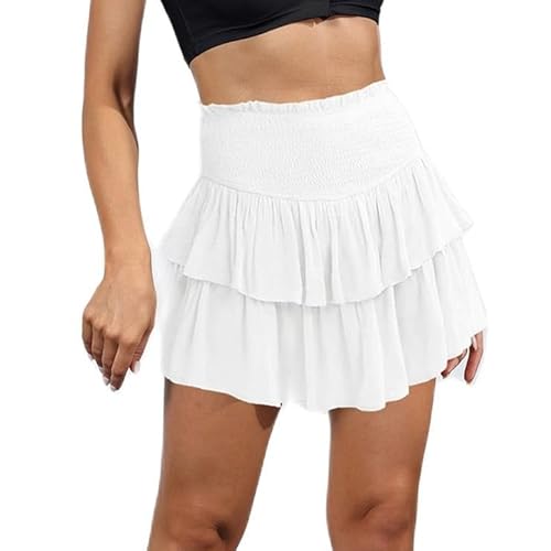 ZYMOZYM A-Linien Schwarz Basic Einfarbig Mini Rock Mit Shorts Falten Dehnbaren Sportrock Hosenrock Damen (as3, Alpha, l, Regular, Regular, Weiß) von ZYMOZYM