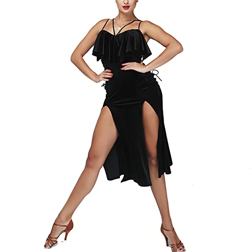 ZYMOZYM Ärmellos Samt Midi Schwarzer Kleid Damen Elegant Sexy Gurte Lateinisch Tanzkleid Lang Party Kleid von ZYMOZYM