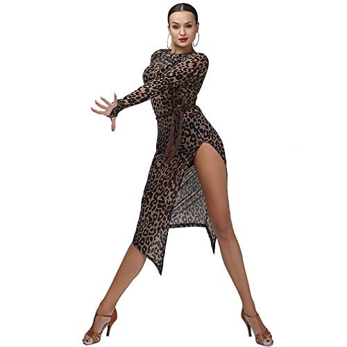 ZYMOZYM Palm Sleeves Flexible Leopard Mesh Quaste Straps Damen Latin Samba Tanzkleid Modern Dance Costumes, leopard, Small von ZYMOZYM