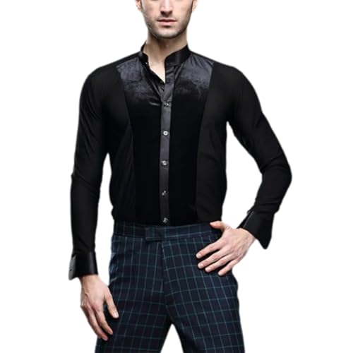 ZYMOZYM Samt Gesplitzt Spreizkragen Schwarz Herren Hemd Langarm Regular Fit Lateinisch Ballsaal Tanzhemd for Party Freizeithemd (DE/NL/SE/PL, Alphanumerisch, S, Regular, Tall, Stehkragen-Schwarz) von ZYMOZYM