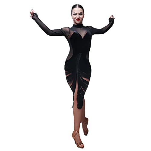 ZYMOZYM Schwarz Mehrere Schichten Lange Ärmel Ballkleider Lateinisch Tanzkleid Rollkragen Cocktailkleid Damen(M) von ZYMOZYM