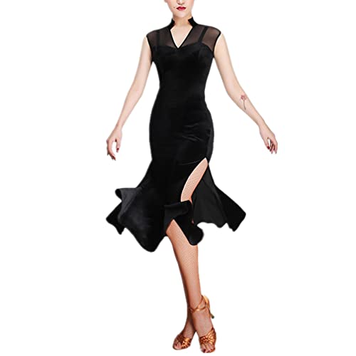 ZYMOZYM Schwarz V-Ausschnitt Midi Frauen Latin Ballsaal Kleid Schlitz Seite Fischschwanz Bodycon Kleid Durchschauen Party Kleid von ZYMOZYM