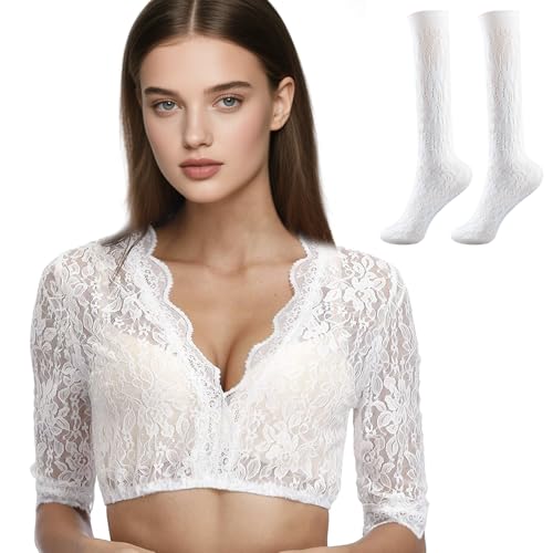ZYNERY Bluse Damen Dirndl Weiß Spitze Stylische Dirndl Bluse Kurzarm Generisch Dirndlbluse Halbarm Trachten Dirndlbluse V Ausschnitt mit 1 Paar Spitzensocken für Alltägliche Oder Aktivitäten (M) von ZYNERY