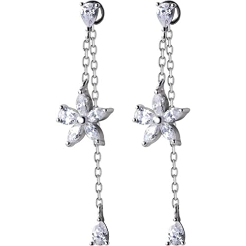 S925 Silberohrringe Frauen Koreanischer Diamant Eingelegt Fünf Blütenblüten Temperament Rückenhängeblüte Ohrringe G0585, ZYNSAE, Silbrig von ZYNSAE