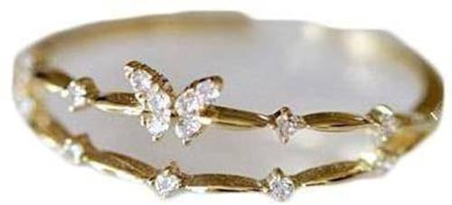 ZYNSAE Ringe Koreanischer Doppelschicht Design Kleiner Frischer Neuer Kleiner Diamant Exquisit Finger S925 Sterling Silber Schmetterlingsring Weibchen Offener Ring, Gelbgoldfarbe, 14 von ZYNSAE