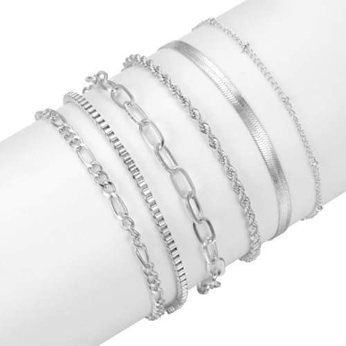 Armband Damen,6 Stück Silver Armband Set, Figaro Kubanische Schlangenketten Armband Stapelbare Silber Armband Set für Damen, Verstellbare Stapelbare Kettenarmband für Damen Mädchen, Silber von ZYOMVUN