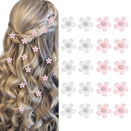 Mini Blumen Haarspangen mit Strass, 20 Stück Rosa/weiße kleine Blumen-Haarspangen, Mini-süße Strass-Metall-Haarnadeln für Frauen, dekorative Haarspangen, Hochzeit-Haarspangen, Blumen-Haar-Accessoires von ZYOMVUN