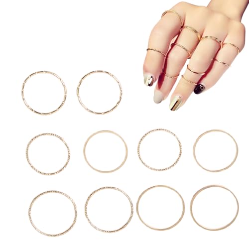 Ringe Frauen, 10 Stück Gold Ring Frauen, Vergoldete Dünner Goldene Ringe Set, Stapelbar Verlobungsring Eheringe Statement, Fingerring Einfacher Bandring Stapelbare Offene Gold Ringe Schmuck, 1mm, Gold von ZYOMVUN
