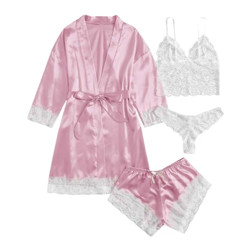 Bademantel Damen Satin Pyjama Set 4 Teilig Schlafanzug Damen Kurz Set Nachthemd Mit Spitze Unterwäsche Bademantel Jacke Damen mit Gürtel Sexy Morgenmantel Leicht Pyjama für Hochzeit Braut Party von ZYPAINIY