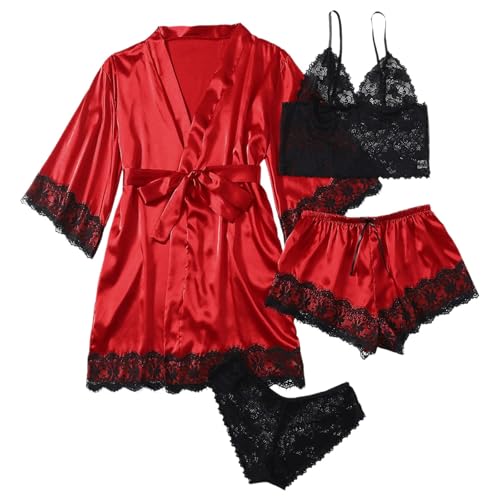 Bademantel Damen Satin Pyjama Set 4 Teilig Schlafanzug Damen Kurz Set Nachthemd Mit Spitze Unterwäsche Bademantel Jacke Damen mit Gürtel Sexy Morgenmantel Leicht Pyjama für Hochzeit Braut Party von ZYPAINIY
