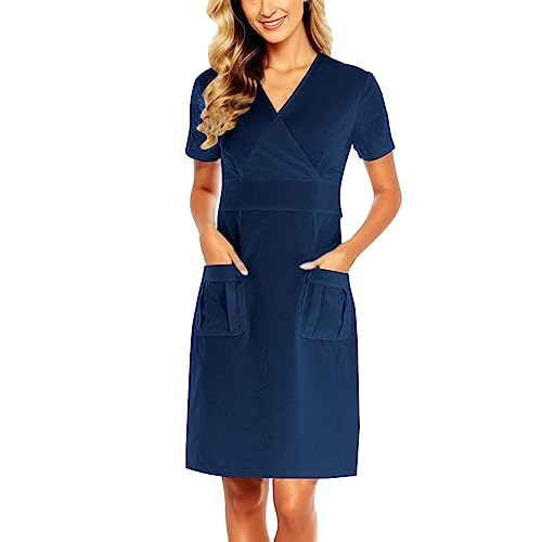 Damen Krankenschwester uniform Kurzarm Knielang Krankenschwester Kleider Damen Uniformkleid mit Taschen Schlank Pflege Arbeitskleid Hemdkleid Einfarbiges Overalls Krankenhaus Schönheitssalon Massage von ZYPAINIY